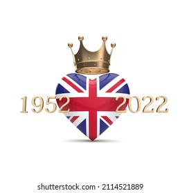 UK Union Jack Heart With A Gold Crown. Queen Jubilee Concept. 3D Rendering