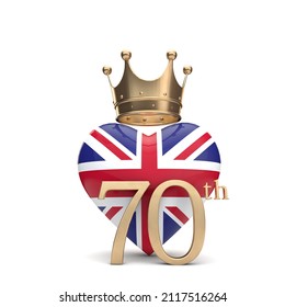 UK Union Jack Heart With A Gold Crown. Queen Jubilee Concept. 3D Rendering