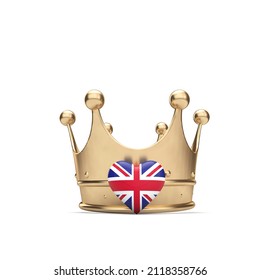 UK Union Jack Heart With A Gold Crown. Queen Jubilee Concept. 3D Rendering