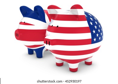 UK and US Flag Piggy Banks 3D Illustration