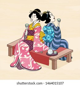 Ukiyo E Style Geisha Enjoying Sake And Resting On Tea House Bench
