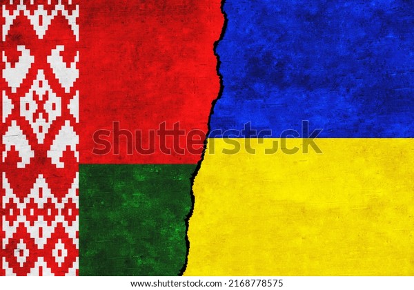 Ukraine and Belarus painted flags on a wall with\
a crack. Ukraine and Belarus relations. Belarus and Ukraine flags\
together