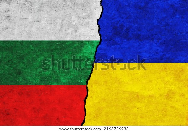 Ukraine and Bulgaria painted flags on a wall\
with a crack. Ukraine and Bulgaria relations. Bulgaria and Ukraine\
flags together