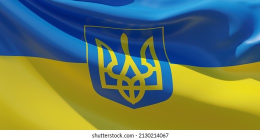 Ukraine Coat Of Arms Flag. Ukrainian National Sign Waving Texture Background. Country Pride Emblem. 3d Render