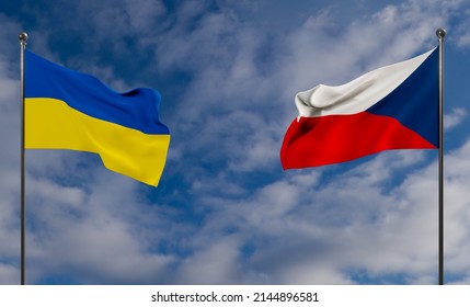 Ukraine and Czech flags. Blue sky flag Ukraine and flag Czech. 3D work and 3D image