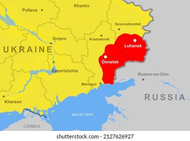 Ukraine mit Donezk und Luhansk Republiken (Donbass) auf der Europakarte, Nahaufnahme. Politische Rahmenkarte mit Konfliktgebiet, russischer Grenze, Krim, Azovisches Meer. Konzept der Krise und des Krieges zwischen der Ukraine und Russland.