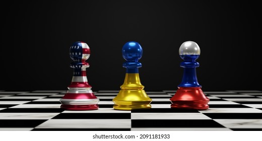Ukraine flag on chess between USA and Russia on chess board for political conflict and war concept by 3d rendering technique.