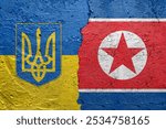 Ukraine and North Korea flags  - Cracked concrete wall painted with a Ukrainian flag on the left and a North Korean flag on the right