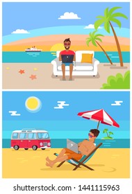 Ukraine, Odesa, 15 June 2019: Distant Work Sea Collection With Beach Seaside Man And Laptop Palm Trees Travelling Trailer On Summer Breeze Set Isolated Raster Illustration