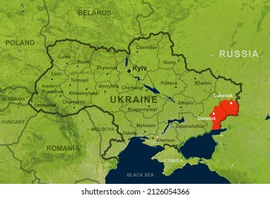 Ukraine on Europe map with Donetsk and Luhansk regions. Political map with Donbas, Russia and Crimea. Ukraine-Russia crisis, borders, military conflict and war. Elements of image furnished by NASA.