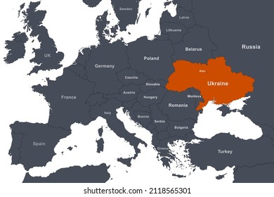 Ukraine On Map, Outline Political Map With Russia, Belarus, Poland, Turkey, Romania, Slovakia, Germany And Other Countries. Europe Isolated On White Background. Theme Of War In Ukraine, Map And Border