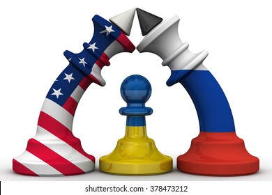 Ukraine - A Pawn In The Geopolitical Game. Chess Pieces - Kings In The Colors Of Flags Of Russia And The US Are Bent To Each Other, And Between Them A Pawn In The Colors Of The Ukrainian Flag