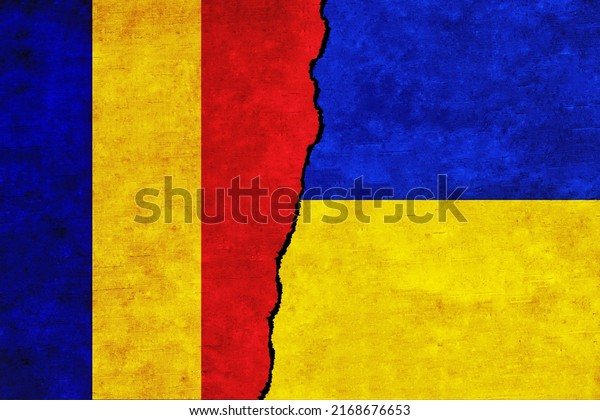 Ukraine and Romania painted flags on a wall with\
a crack. Ukraine and Romania relations. Romania and Ukraine flags\
together