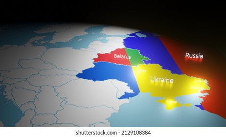 Ukraine - Russia - Belarus borders on map with colors of national flag.