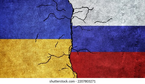 Ukraine and Russia flag together on a cracked wall. Russia and Ukraine relations and war concept - Shutterstock ID 2207803271