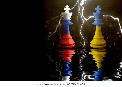 Ukraine and Russia flags paint over on chess king. 3D illustration Ukraine vs Russia crisis.