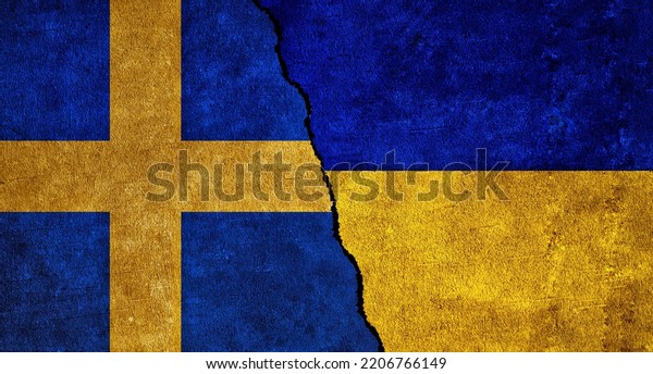 Ukraine and Sweden flag together on a\
textured wall. Relations between Sweden and\
Ukraine