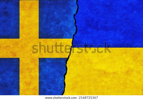 Ukraine and\
Sweden painted flags on a wall with a crack. Ukraine and Sweden\
relations. Sweden and Ukraine flags\
together