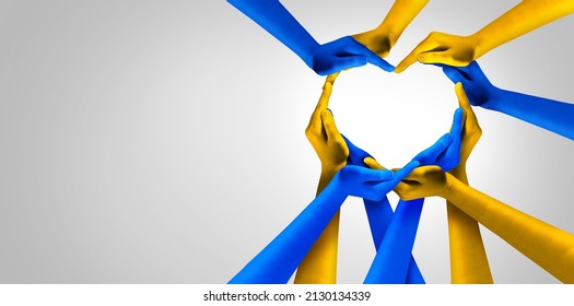 Ukraine And Ukrainian Unity European partnership as heart hands in a group of people connected together shaped as a symbol expressing the feeling of pride and love for Kyiv in a 3D illustration style.