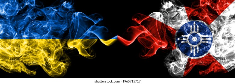 Ukraine, Ukrainian vs United States of America, America, US, USA, American, Wichita, Kansas smoky mystic flags placed side by side. Thick colored silky abstract smokes flags.