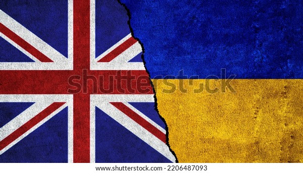 Ukraine and United Kingdom flag together on a\
textured wall. Relations between Great Britain and Ukraine. UK\
Ukraine\
friendship