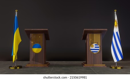 Ukraine and Uruguay flags. Ukraine and Uruguay flag. Ukraine and Uruguay negotiations. Rostrum for speech. 3D work and 3D image.