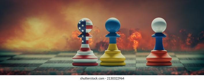 Ukraine, US And Russia Conflict. Country Flags On Chess Pawns On A Chess Board. 3D Illustration.