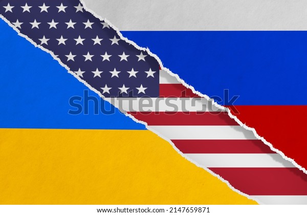 Ukraine, USA and Russia Flags on Ripped Paper\
extreme closeup. 3d\
Rendering