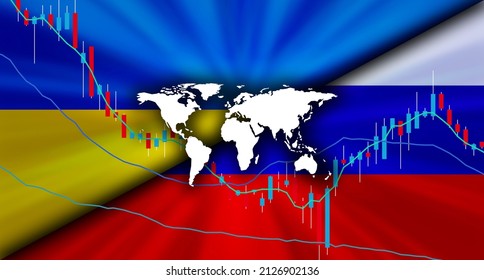 Ukraine vs Russia conflicting national flag economic background image