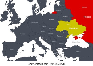 Ukraine Vs Russia On Europe Map. Russian-Ukrainian Border On Political Map With Belarus, Poland, Moldova, Germany And Other Countries. Outline Map With Kaliningrad, Crimea And Black Sea.