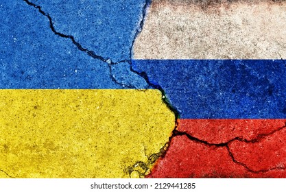 Ukraine vs Russia  (War crisis , Political  conflict). Grunge country flag illustration (cracked concrete background) 