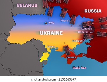 Ukraine War Map With Russian Combat Tanks. Geopolitical Conflict In Europe. War Crisis, Military Intervention In Ukraine. 3D Concept Illustration With Russia.  Belarus Countries Borders 