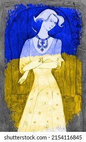Ukraine yellow blue flag. Elegant lady. Vintage llustration .watercolor