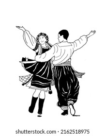 Ukrainian Folklore. Couple Dancing With Typical Costume. Black And White Drawing.