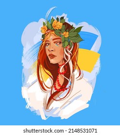 Ukrainian Girl Beautiful Hair On Blue Stock Illustration 2148531071 ...