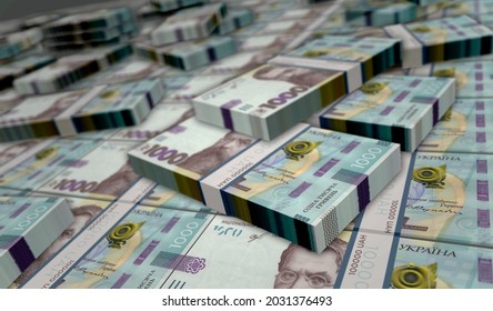 Ukrainian Hryvnia Money Pack 3d Illustration. 1000 UAH Hryvna Banknote Bundle Stacks. Concept Of Finance, Cash, Economy Crisis, Business Success, Recession, Bank, Tax And Debt In Ukraine.