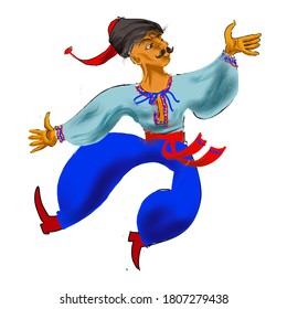 Ukrainian Kozak In National Dress Dancing Hopak On A White Background. Illustration.