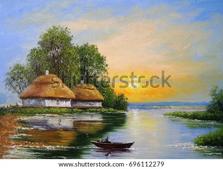 Ukrainian landscape, river, fisherman, oil paintings.