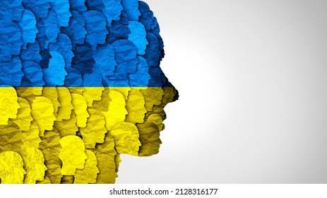 Ukrainian People Symbol as a group of Ukrainians together with the flag of Ukraine as an Eastern Europe country in a 3D illustration style.