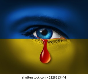 Ukrainian tragedy peace crisis as a sad geopolitical conflict clash between the Ukraine and Russia as a European security tragic dispute and tears for the pain of war in a 3D illustration style.