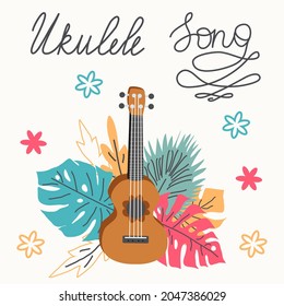 Ukulele and tropical leafs. four-string guitar hand drawn illustration. Ukulele song lettering. - Powered by Shutterstock