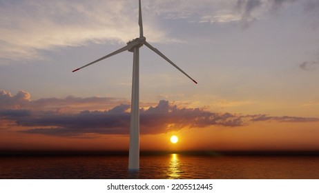 ULTRA HD. Offshore Wind Energy. Offshore Wind Turbines Farm On The Ocean. Sustainable Energy Production, Clean Power, Close Up. 3D Rendering.