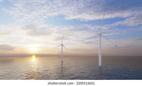 ULTRA HD. Offshore Wind Energy. Offshore Wind Turbines Farm On The Ocean. Sustainable Energy Production, Clean Power, Close Up. 3D Rendering.