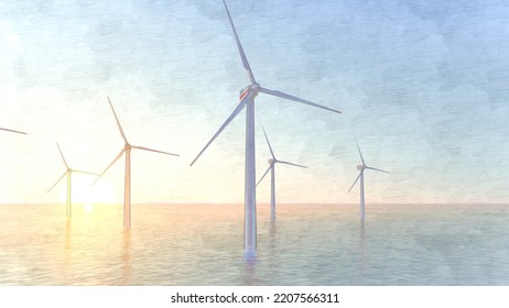 ULTRA HD. Offshore Wind Energy. Offshore Wind Turbines Farm On The Ocean. Sustainable Energy Production, Clean Power, Close Up. 3D Rendering.