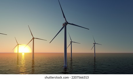 ULTRA HD. Offshore Wind Energy. Offshore Wind Turbines Farm On The Ocean. Sustainable Energy Production, Clean Power, Close Up. 3D Rendering.