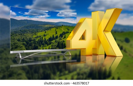 Ultra HD TV with a view of the mountains, 3D render.