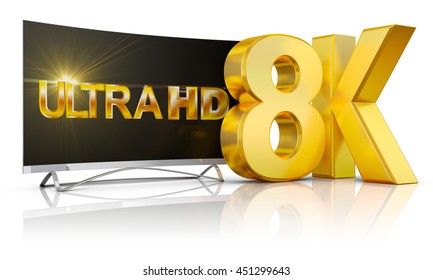 Ultra HD TV and the volume inscription 8k, 3d render.