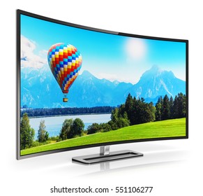 Konzept der Ultra High-Definition-Digitalfernsehtechnik: 3D-Rendering von gekrümmten OLED 4K UltraHD-TV- oder PC-Bildschirmen mit farbiger Landschaft, einzeln auf Weiß