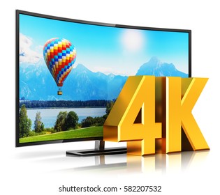 Ultra high definition digital television screen technology concept: 3D render of curved 4K UltraHD resolution TV cinema or computer PC monitor display isolated on white background with reflection