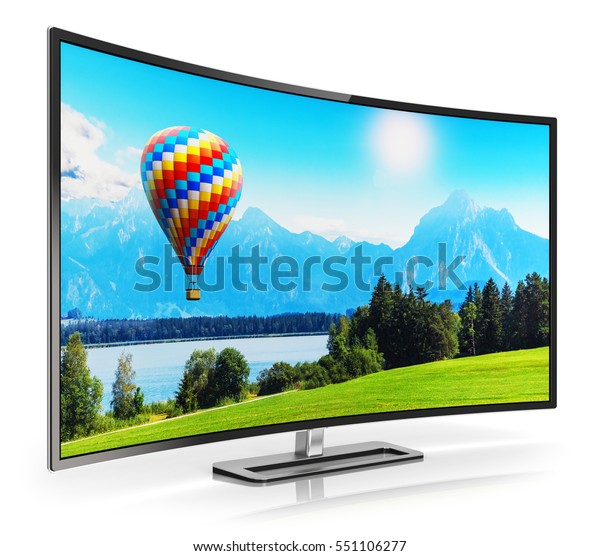 Ultra high definition digital television screen
technology concept: 3D render of curved OLED 4K UltraHD TV or
computer PC monitor display with colorful picture nature landscape
isolated on white